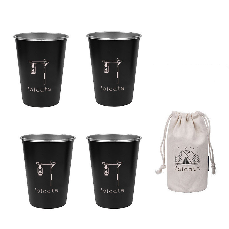 Black 304 Stainless Steel Camping Cup - 350ml Outdoor Drinkware(Set of 4 with Bag)