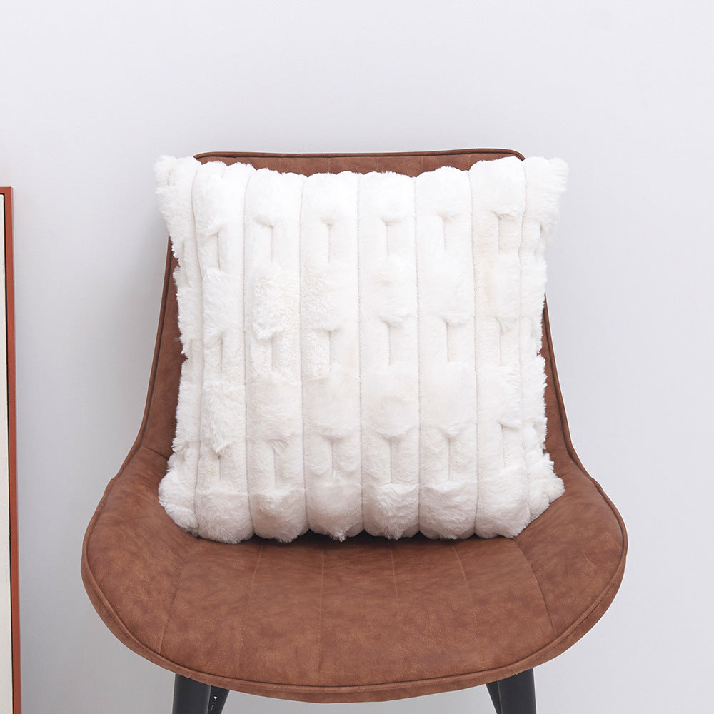 A pair of White Plush Faux Rabbit Fur Throw Pillow Cover - Textured Wheat Ear Design (45x45cm)