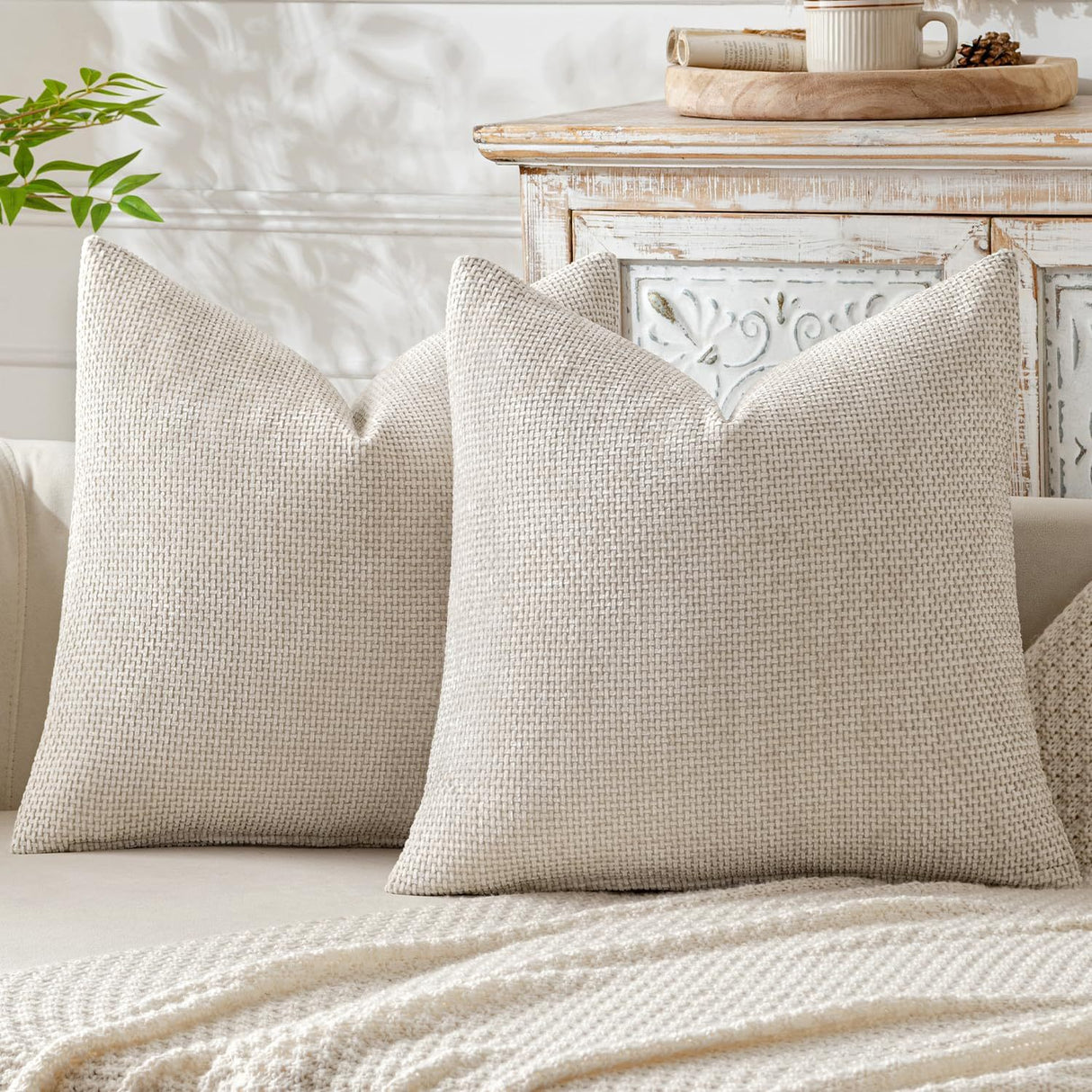 Beige Plush Chenille Cushion Covers Set of 2 - Soft Textured Decorative Throw Pillow Cases for Sofa Couch, 45x45cm