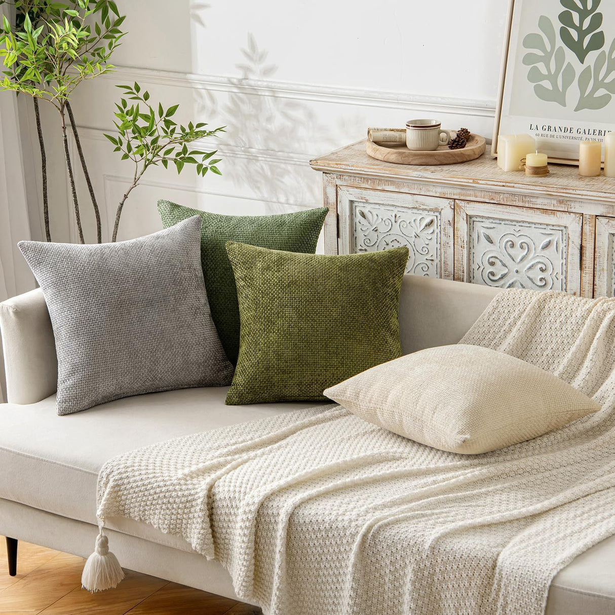 Khaki Plush Chenille Cushion Covers Set of 2 - Soft Textured Decorative Throw Pillow Cases for Sofa Couch, 45x45cm