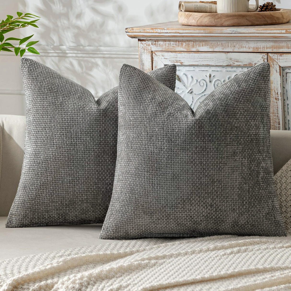 Grey Plush Chenille Cushion Covers Set of 2 - Soft Textured Decorative Throw Pillow Cases for Sofa Couch, 45x45cm