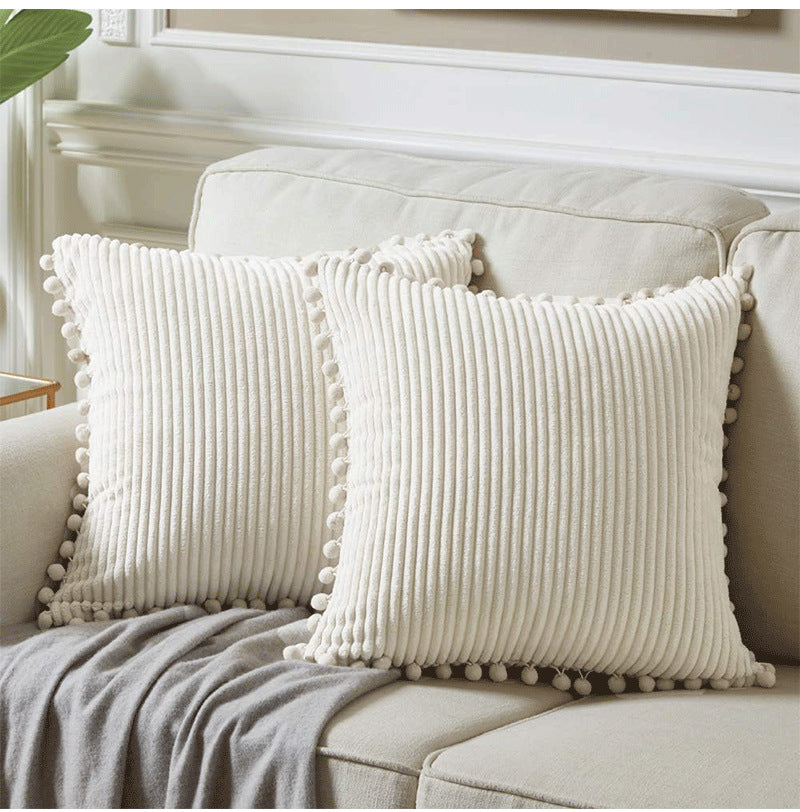 Black Soft Corduroy Cushion Cover Set (1 Square + 1 Rectangular) with Pom Pom Trim - Decorative Throw Pillow Cases for Sofa Couch