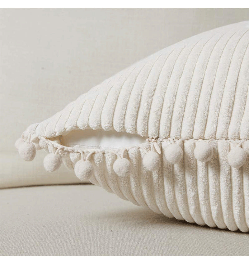 Orange Soft Corduroy Cushion Covers with Pom Pom Trim - Set of 2 Decorative Throw Pillow Cases for Sofa Couch Bed, 45x45cm