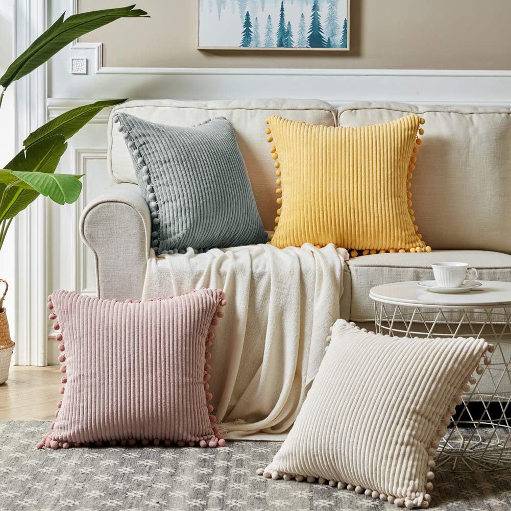 White Soft Corduroy Cushion Covers with Pom Pom Trim - Set of 2 Decorative Throw Pillow Cases for Sofa Couch Bed, 45x45cm
