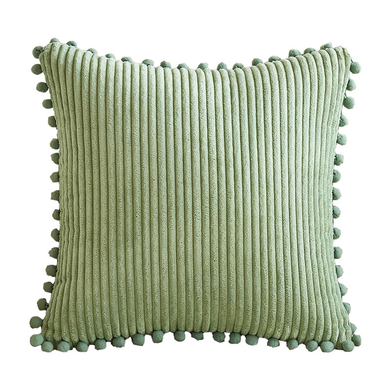 Light Green Soft Corduroy Cushion Covers with Pom Pom Trim - Set of 2 Decorative Throw Pillow Cases for Sofa Couch Bed, 45x45cm