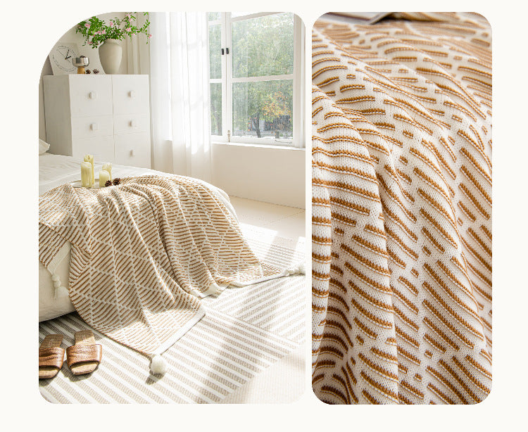 Orange and Beige Diamond Pattern Soft Cozy Knit Throw Blanket with Tassels - Geometric Pattern Lightweight Acrylic Blanket for Sofa Couch Bed, 130x150cm