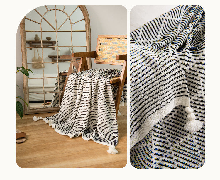 Orange and Beige Diamond Pattern Soft Cozy Knit Throw Blanket with Tassels - Geometric Pattern Lightweight Acrylic Blanket for Sofa Couch Bed, 130x150cm