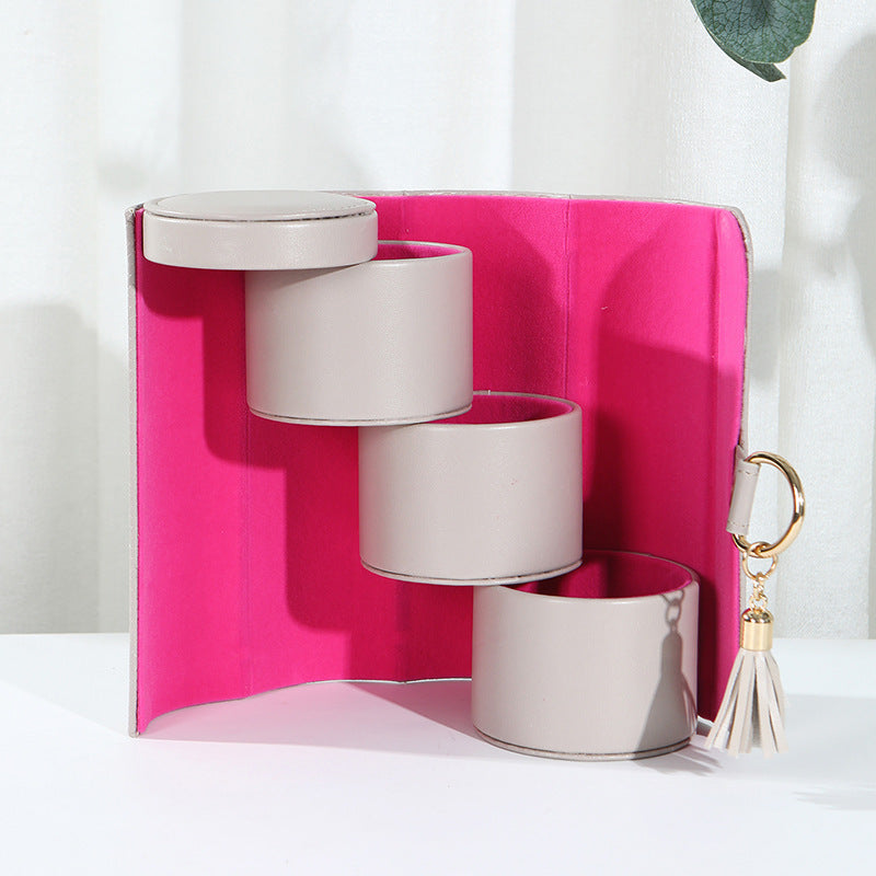 Beige and Pink Elegant 3-Tier Cylindrical Travel Jewellery Box - PU Leather Organizer for Rings Earrings Necklaces with Tassel Charm