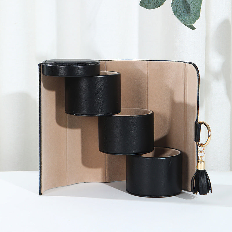 Black and Khaki Elegant 3-Tier Cylindrical Travel Jewellery Box - PU Leather Organizer for Rings Earrings Necklaces with Tassel Charm