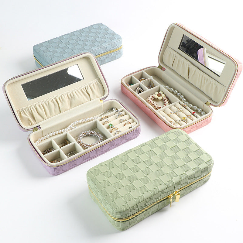 Green Stylish PU Leather Travel Jewellery Box - Compact Organizer for Rings, Earrings, Necklaces with Mirror