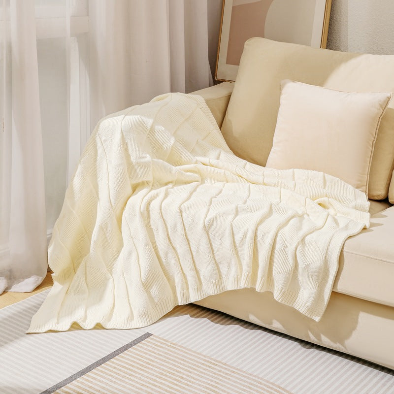 Beige Cozy Lightweight Acrylic Knit Throw Blanket - Diamond Waffle Texture for Sofa, Bed & Travel