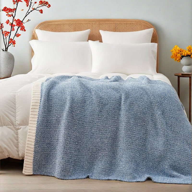 Blue and White Plush Chenille-Knit Throw Blanket - Soft Cozy Polyester for Bed & Sofa | Textured Two-Tone Design (127x153cm)