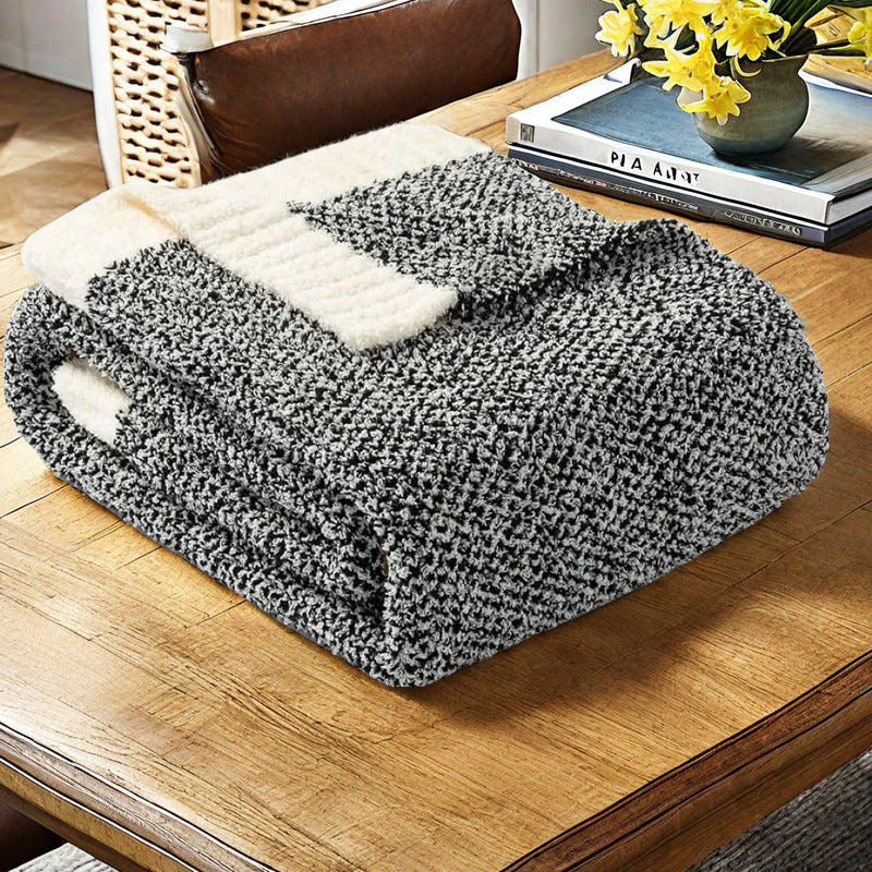 Black and White Plush Chenille-Knit Throw Blanket - Soft Cozy Polyester for Bed & Sofa | Textured Two-Tone Design (127x153cm)