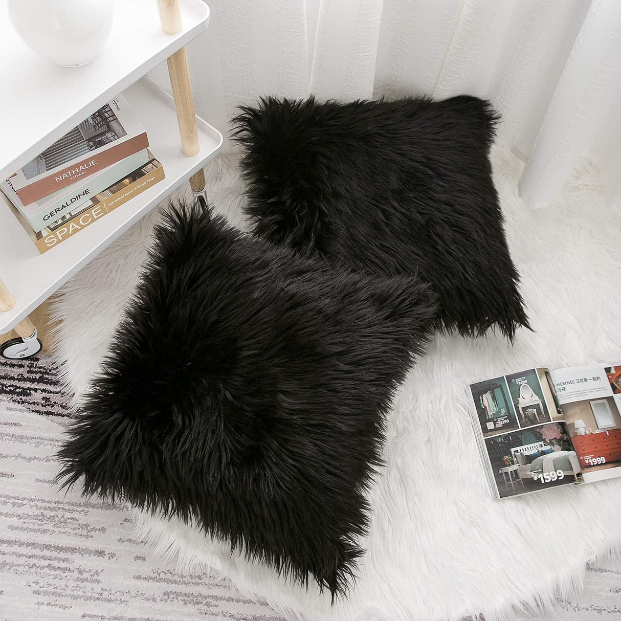 Black Luxurious Long Faux Fur Cushion Covers - Set of 2, 45x45cm Soft Plush Decorative Pillowcases for Sofa & Bed