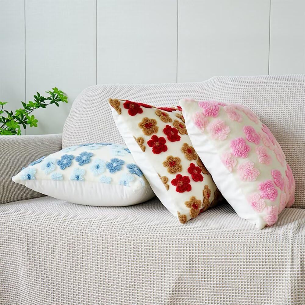 Red and Brown Charming 3D Floral Plush Cushion Covers - Set of 4, 45x45cm Soft Faux Lambswool Pillowcases for Sofa & Bed Decor