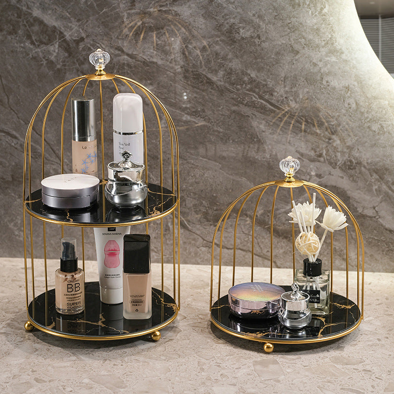 Gold and Black Elegant 2-Tier Gold Birdcage Cosmetic Organizer - Wrought Iron Countertop Storage Rack for Skincare, Makeup & Jewelry
