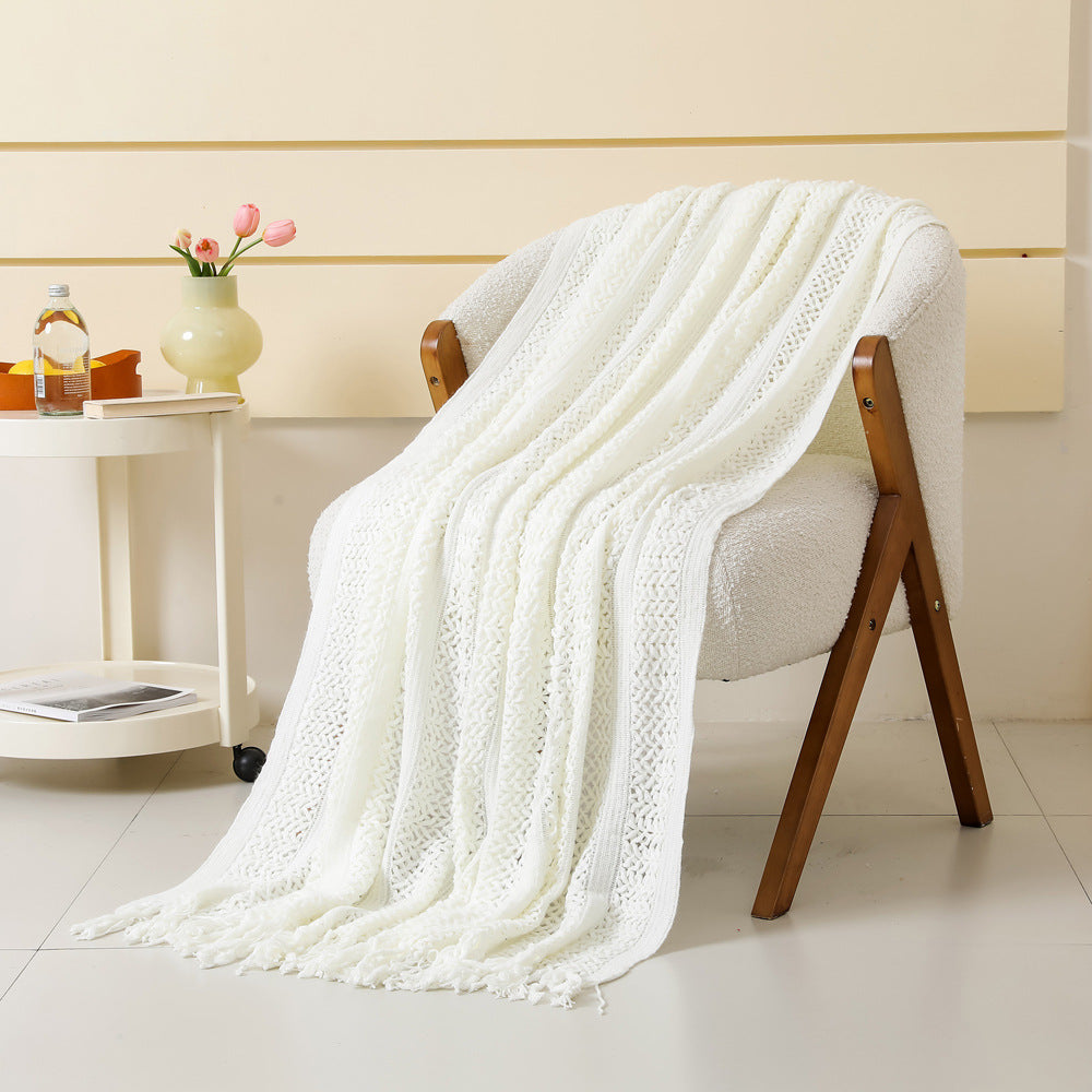 White Hollow Knitted Sofa Blanket with Tassels, 120 x 165 cm, 510g, Ideal for Hotel and Home