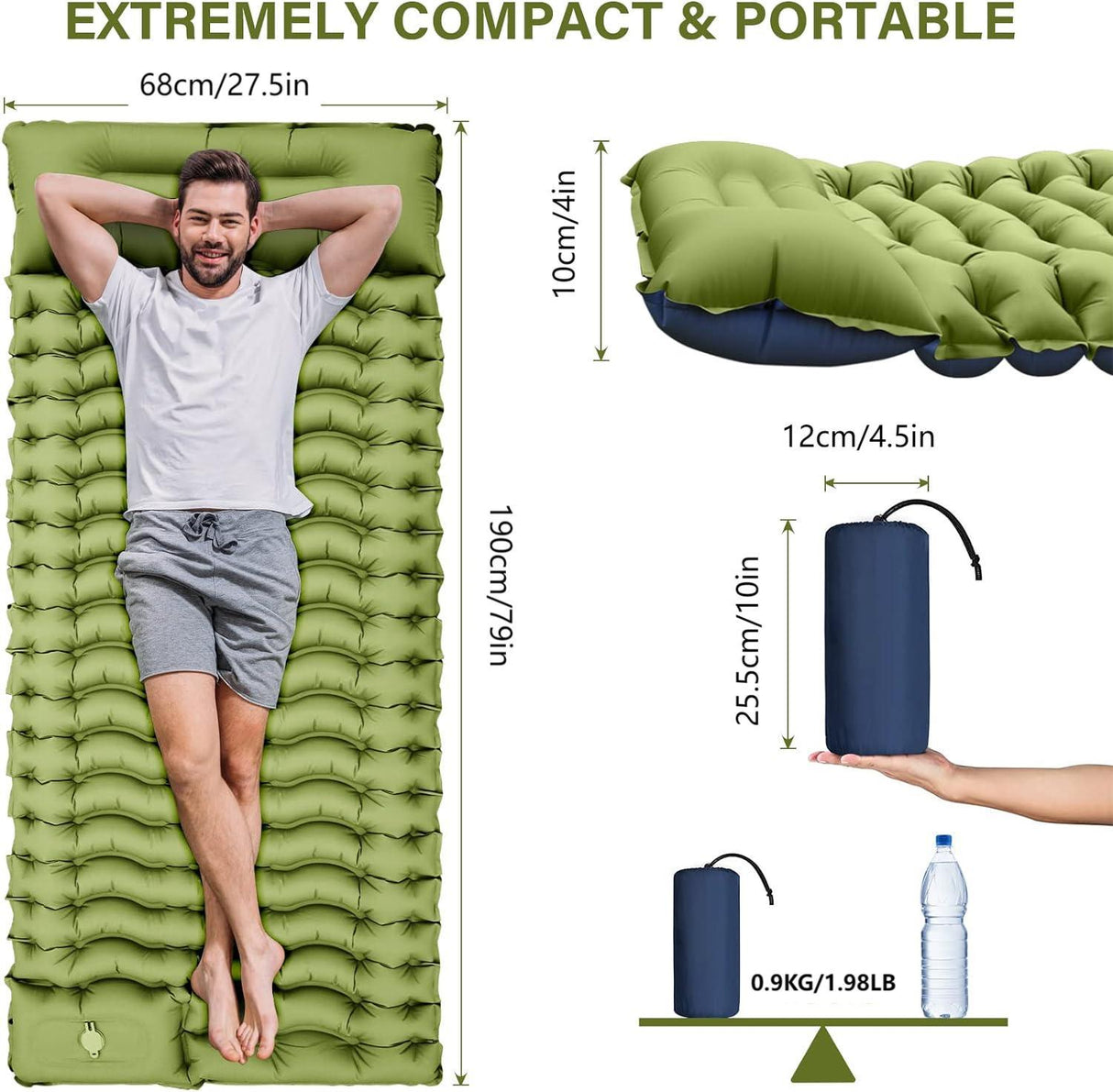 Grey 190cm Ultra-Light Foot Pump Inflatable Camping Sleeping Pad