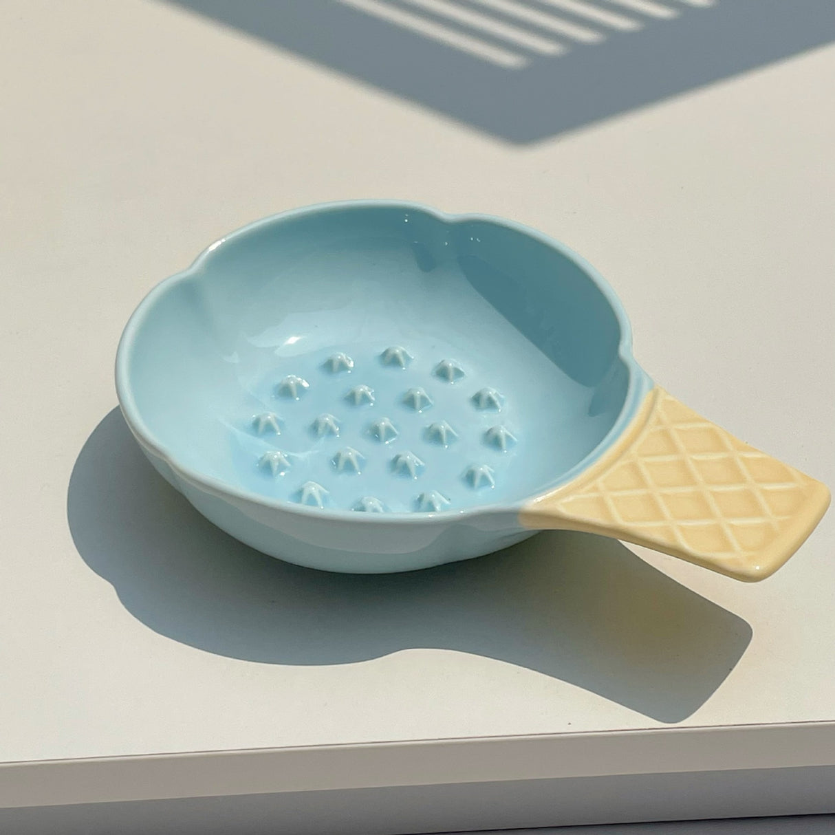 2 Pcs Blue and Yellow Adorable Ice Cream Cone Ceramic Slow Feeder Pet Bowl - Fun Anti-Gulp Design for Cats & Dogs