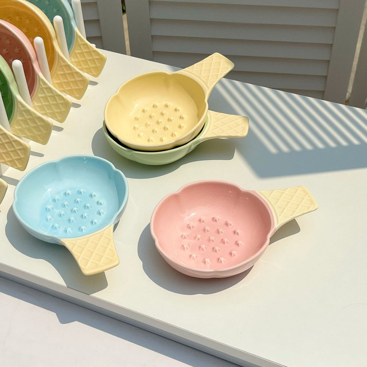 2 Pcs Green and Yellow Adorable Ice Cream Cone Ceramic Slow Feeder Pet Bowl - Fun Anti-Gulp Design for Cats & Dogs