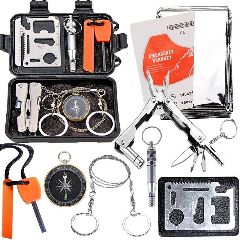 Black 8-in-1 Emergency Survival Kit - Compact Outdoor Gear for Camping, Hiking & Car