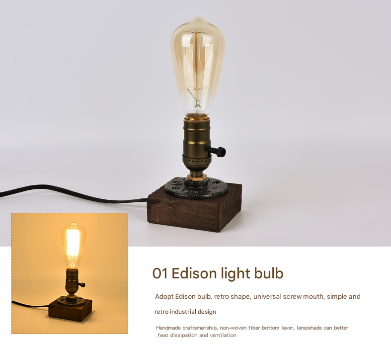 Rustic Industrial Table Lamp Vintage Wooden Base Accent Light