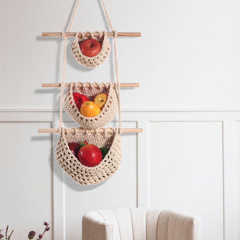 Single-layer hemp rope style Bohemian Hanging Fruit Basket – Wall-Mounted Woven Storage Net Pocket for Kitchen & Home Decor