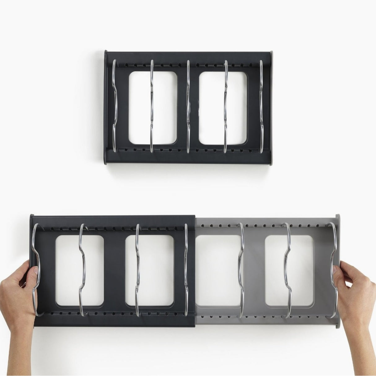 Grey Expandable Pan & Pot Lid Organizer Rack - Adjustable Kitchen Cabinet Storage Holder for Bakeware & Cutting Boards