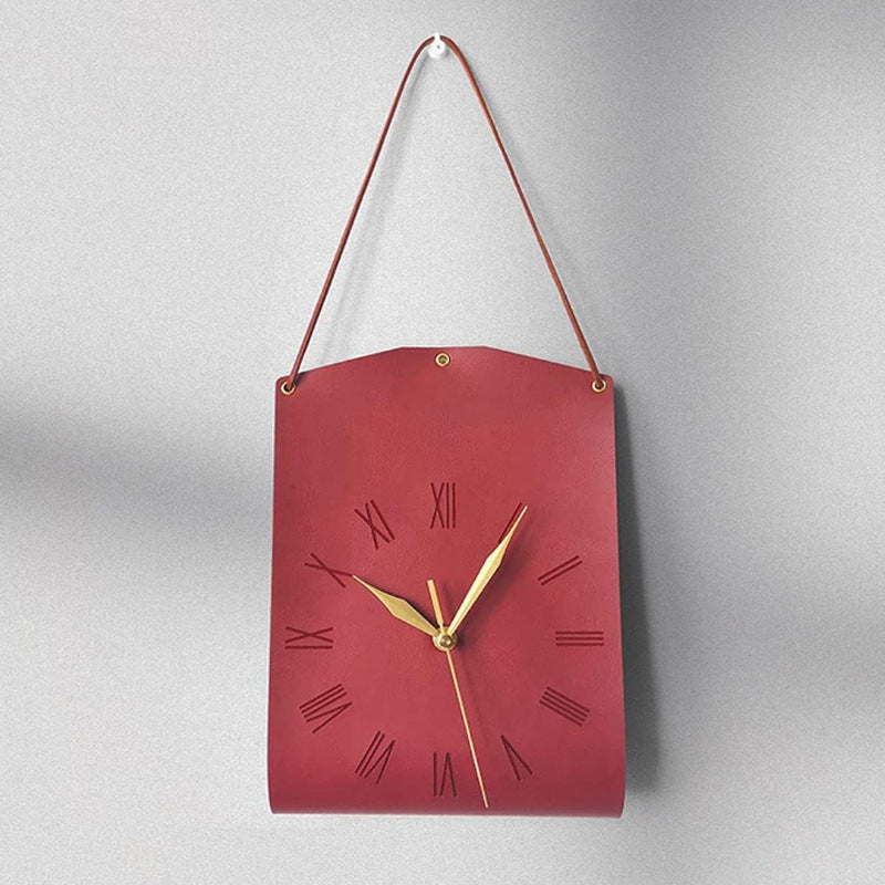 Retro PU Leather Hanging Wall Clock - Silent Sweep Movement, Roman Numerals, Decorative Handbag Style(Red)