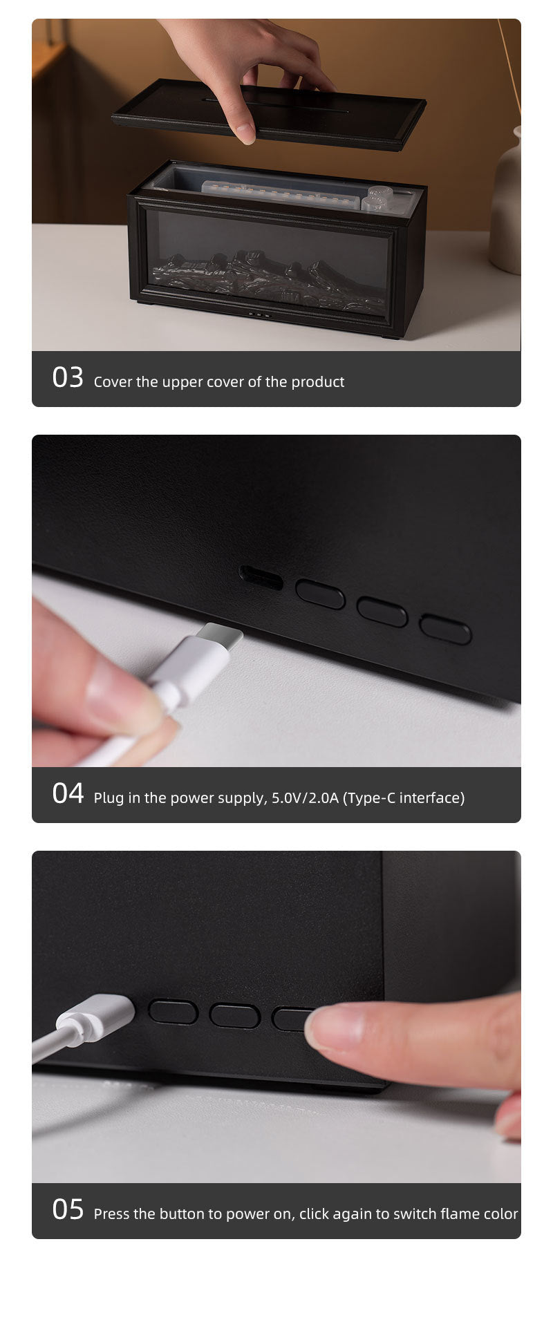 Fireplace Flame Effect Aroma Diffuser & Humidifier with 7-Colour Light, Timer & Remote Control(White)