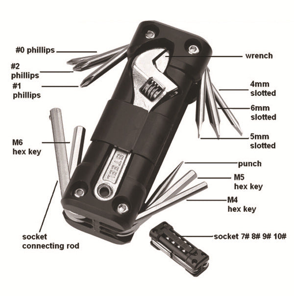Black Versatile 16-in-1 Bike & Motorcycle Multi-Tool - Portable Repair Kit with Adjustable Wrench