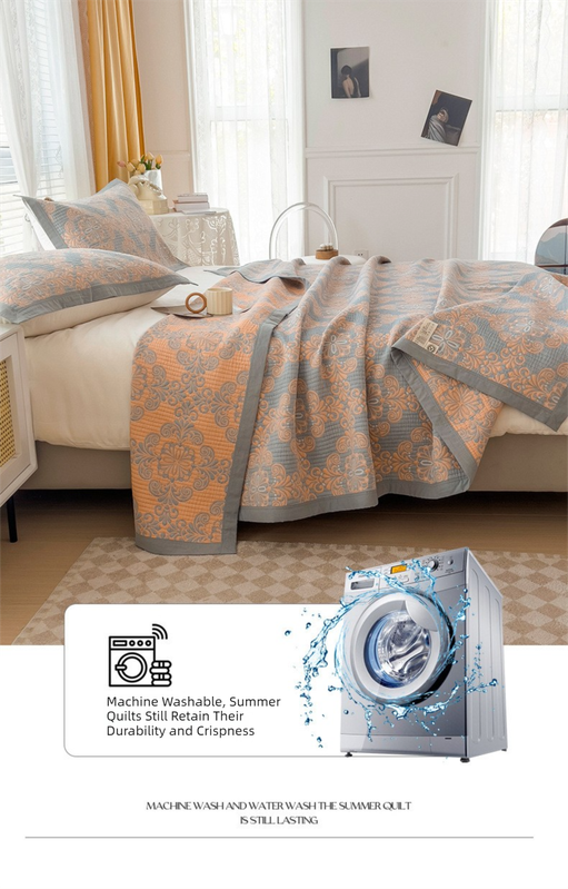 Grey and Green Cotton Three-Layer Gauze Bed Cover Set - Reversible Vintage Printed Blanket with Two Pillowcases for Year-Round Use(120*150cm)