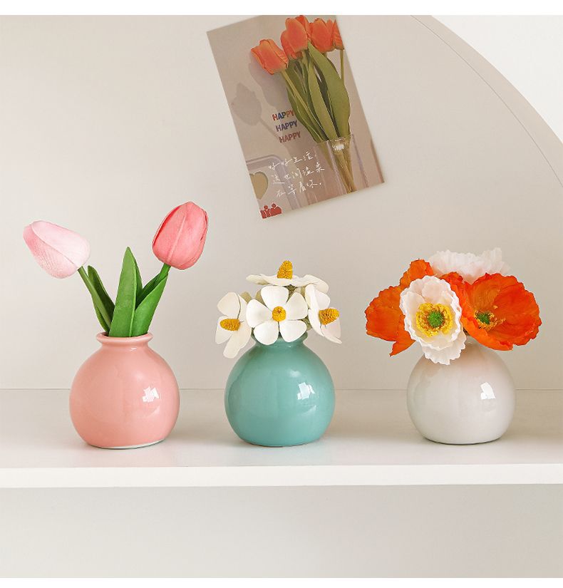 Ceramic Vase with Poppy Artificial Flowers Set – Mini Decorative Pot for Home Living Room or Desk Display