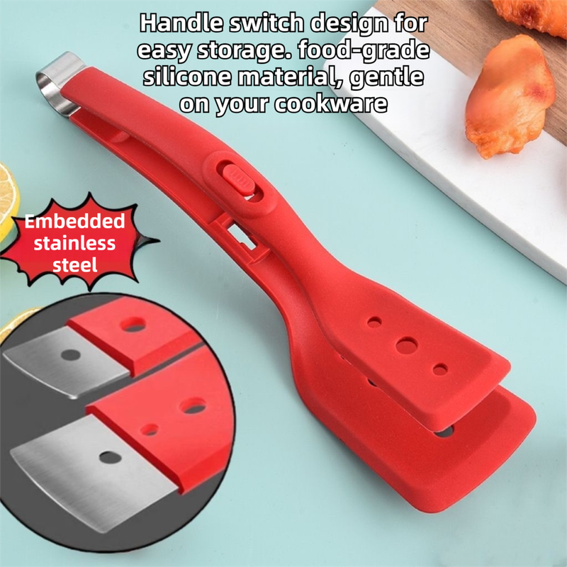 2-in-1 Red Silicone Spatula Tongs with Locking Clip & Oil Drainage - Non-Stick Heat Resistant Food Flipper & Kitchen Clamp