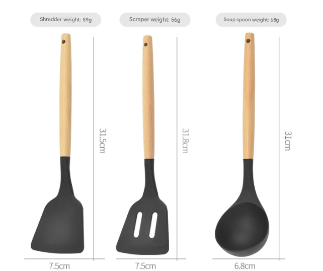 12-Piece Black Heat-Resistant Silicone Cooking Utensils with Wooden Handles and Box - Non-Stick Scratch-Free Kitchen Tool Kit
