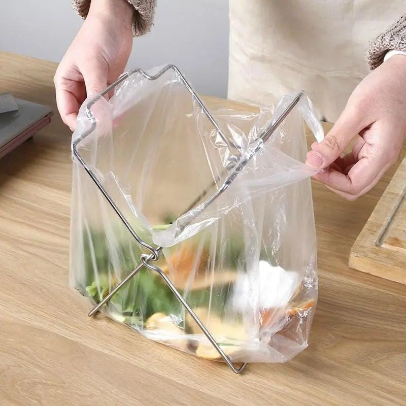 2-Pack Foldable Stainless Steel Trash Bag Holder (21 x 26 CM) - Multi-Functional Kitchen Countertop Organizer for Plastic Bag & Dishcloth