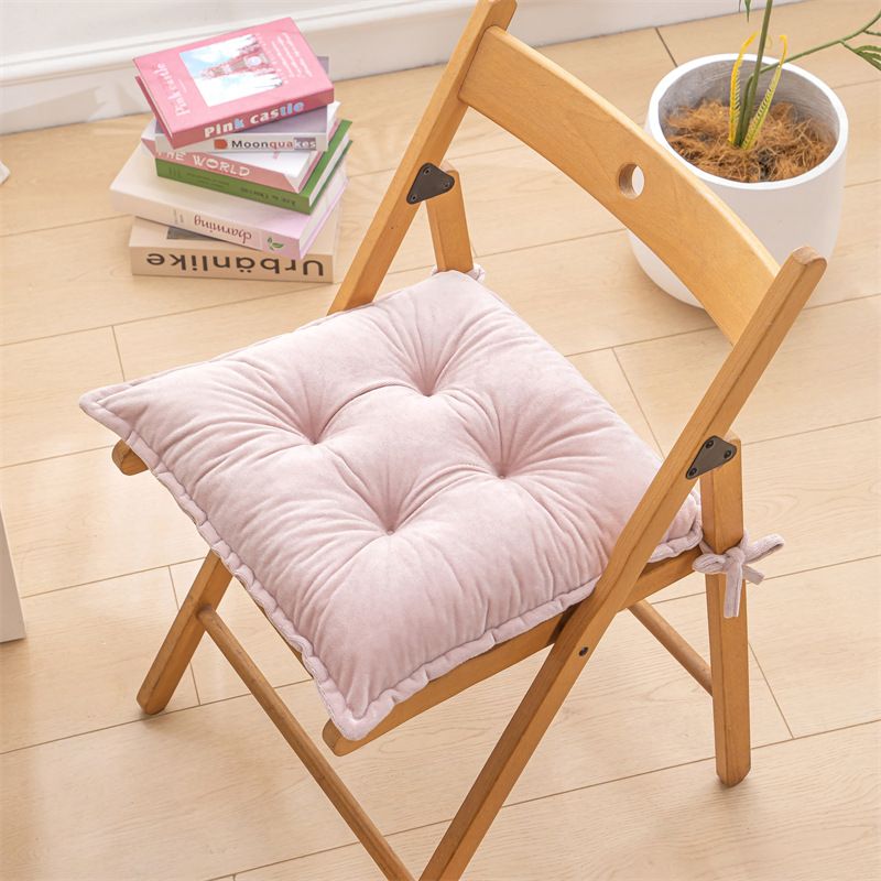 Pink Plush Tufted Chair Cushion – 45x45cm Square Seat Pad with Ties for Dining & Office (Machine Washable)