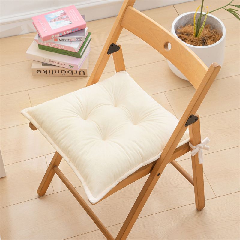Beige Plush Tufted Chair Cushion – 45x45cm Square Seat Pad with Ties for Dining & Office (Machine Washable)