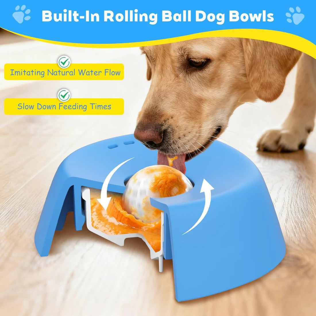 Blue bowl, orange ball Slow Feeding Dog Bowl with Built-In Rolling Ball – Anti-Spill Pet Lick Dish for Healthy Eating Habits