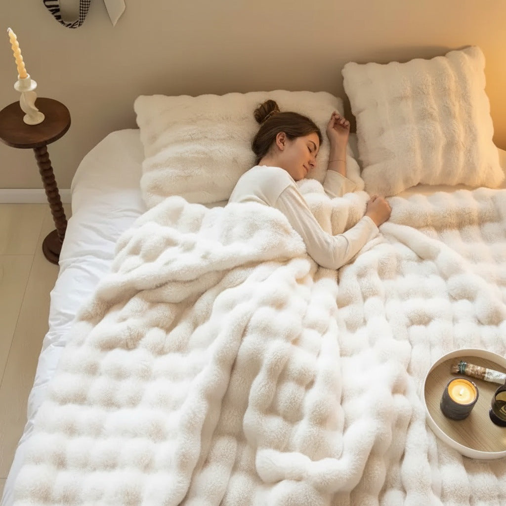 White Luxury Tuscany Fleece Rabbit Fur Bubble Blanket - Double-Sided Thickened Soft Plush Large Bedding Set(180x200 CM Large Blanket + 2 Pack 45x45 CM Cushion Cover)
