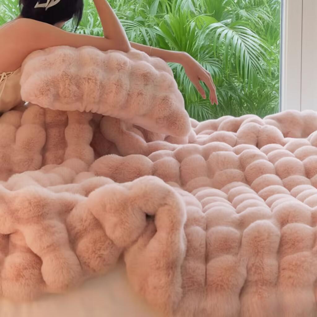 Pink Luxury Tuscany Fleece Rabbit Fur Bubble Blanket - Double-Sided Thickened Soft Plush Large Bedding Set(180x200 CM Large Blanket + 2 Pack 45x45 CM Cushion Cover)