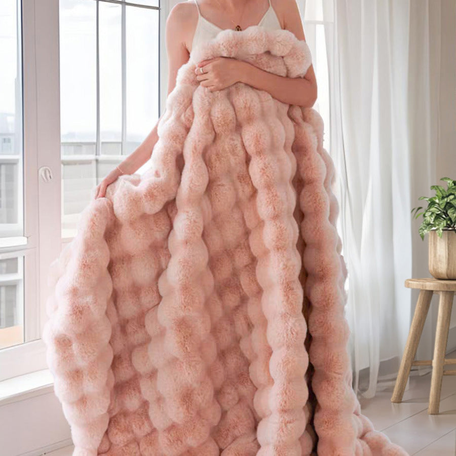 Pink Luxury Tuscany Fleece Rabbit Fur Bubble Blanket - Double-Sided Thickened Soft Plush Large Bedding Set(180x200 CM Large Blanket + 2 Pack 45x45 CM Cushion Cover)