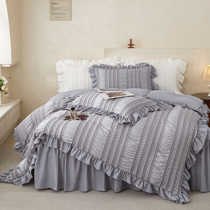 White Elegant Ruffle Seersucker Duvet Cover with 2PCS Pillow Shams - 3-Piece Vertical Stripe Clipped Floral Textured Bedding (King Size 264 x 229 CM)