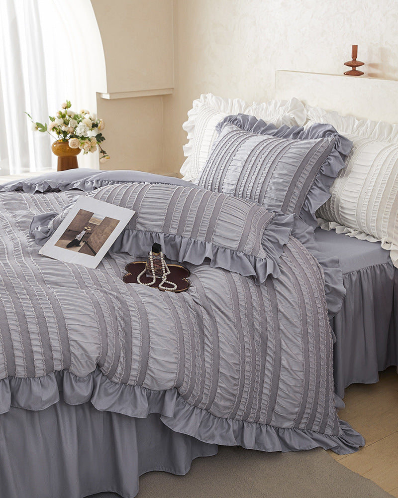 Pink Elegant Ruffle Seersucker Duvet Cover with 2PCS Pillow Shams - 3-Piece Vertical Stripe Clipped Floral Textured Bedding (Full Size 200 x 229 CM)