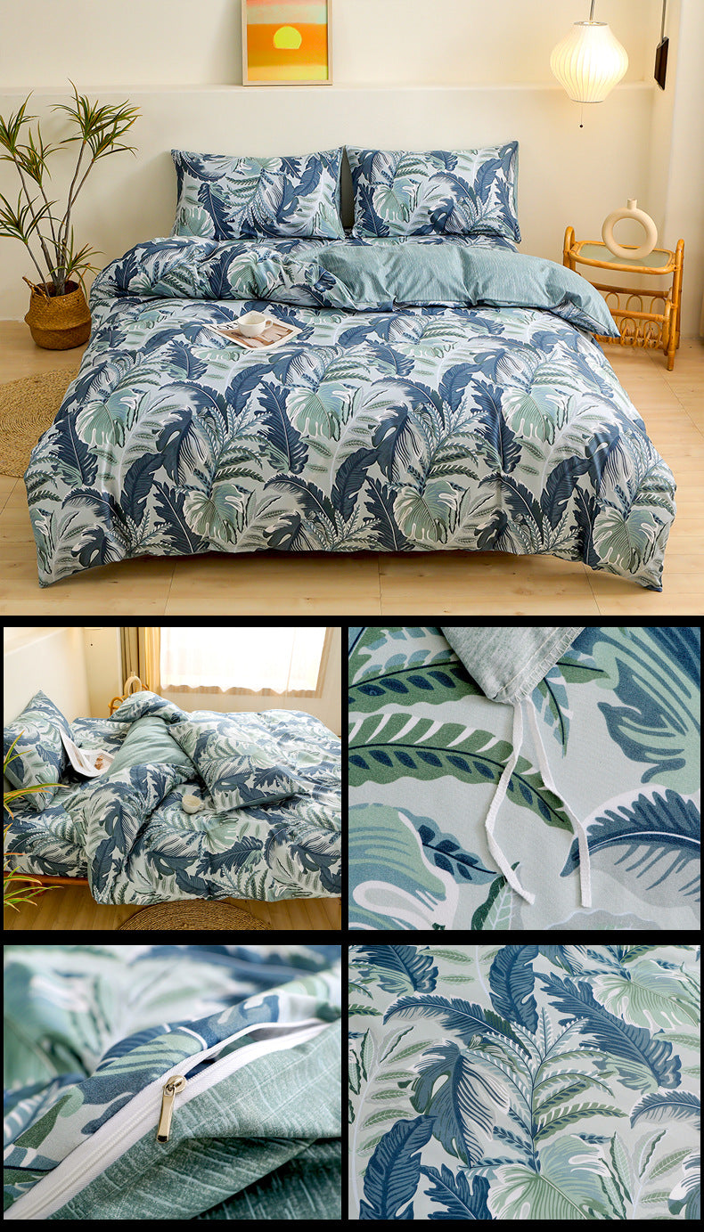 4-Piece Tropical Jungle Printed Soft-Touch Brushed Bedding Set for 1.5M Bed: 175 x 220 CM Duvet Cover, 150 x 200 (+25) CM Deep Pocket Fitted Sheet & 2PC 50 x 75 CM Pillowcases