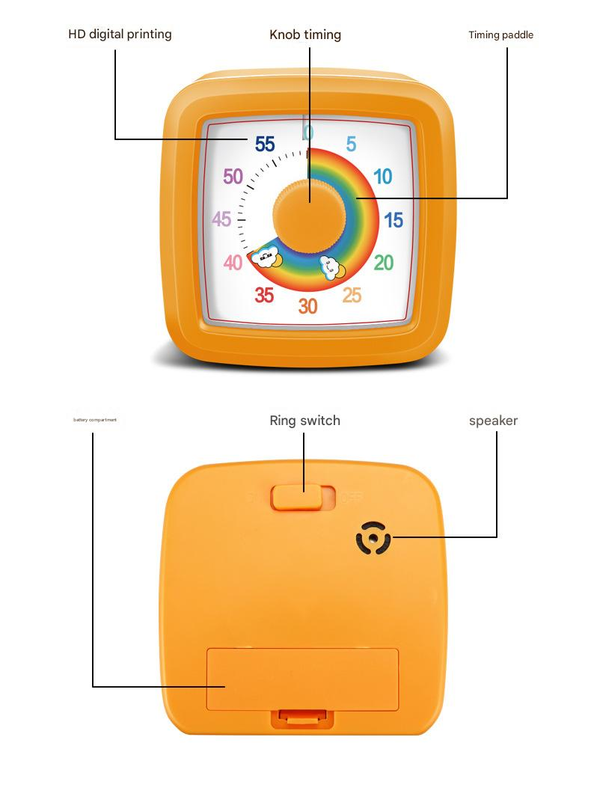 White Visual timer for children and the kitchen – a 60-minute rainbow countdown timer, silent operation, suitable for cooking, studying, and everyday tasks. Battery powered (batteries not included), made of ABS plastic