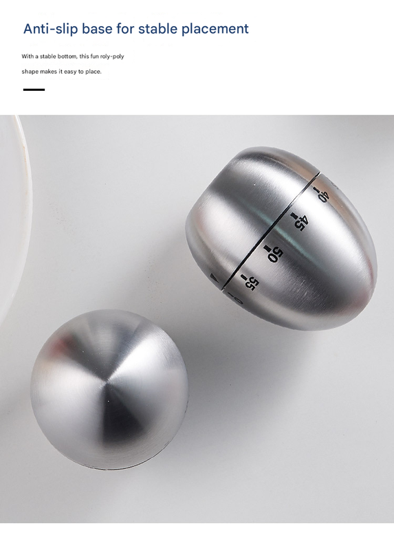 Egg Shape Stainless Steel Kitchen Timer Mechanical Cooking Timer - Wind-Up 60 Minute Countdown Timer - Loud Ring 72dB Baking Tool with Non-Slip Base - Battery-Free Analog Timer for Home Office