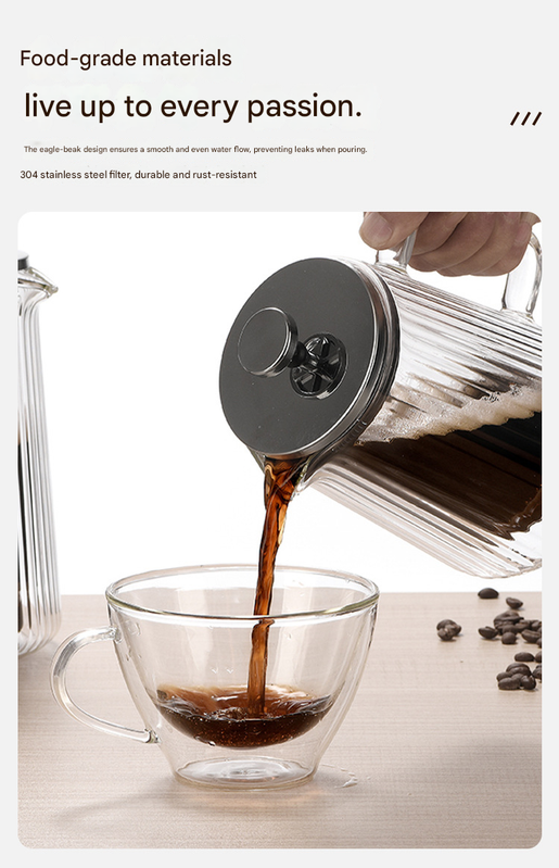 1000ML Double Wall Glass French Press Coffee Maker - Borosilicate Glass Coffee Plunger with 304 Stainless Steel Filter, Heat Resistant Vertical Ribbed Design for Home Brewing