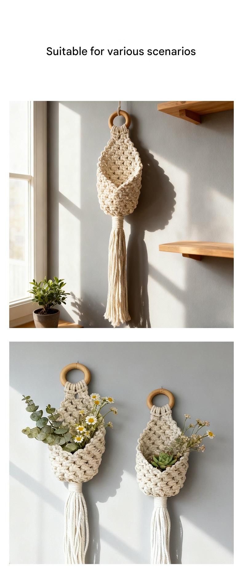 White Macrame Hanging Plant Holder - Cotton Rope Wall Basket, Bohemian Style Decor for Indoor Plants - Space Saving & Multi Scene Use