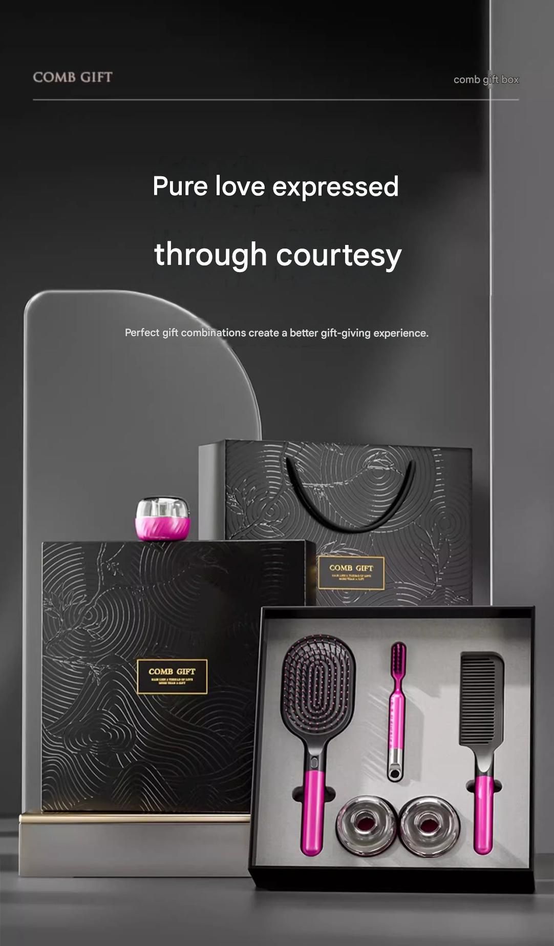 Black 5-Piece Gift Box Set Premium ABS Hair Care Gift Set with Cushion Paddle Brush, Detangling Comb, Cleaning Brush & Stand - Elegant Mother’s Day or Couple’s Gift for Daily Styling and Scalp Comfort